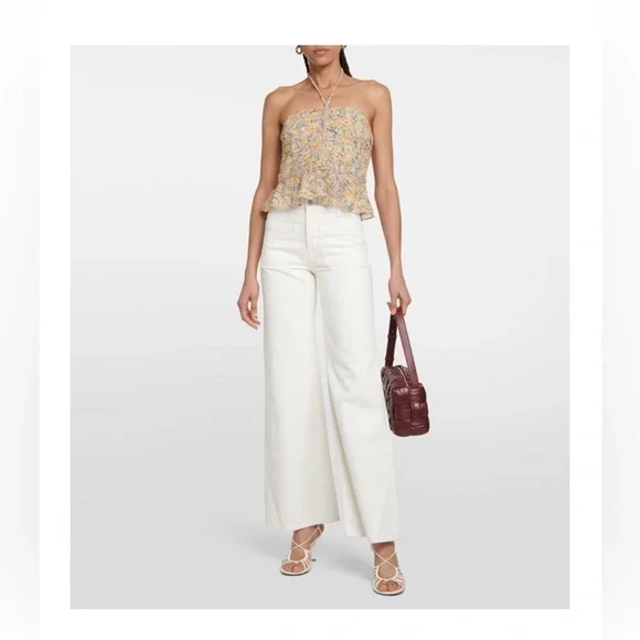 Veronica Beard Womens Arienne Yellow Blue Paisley Halter Top Sz 10 Peplum hem - Picture 3 of 7